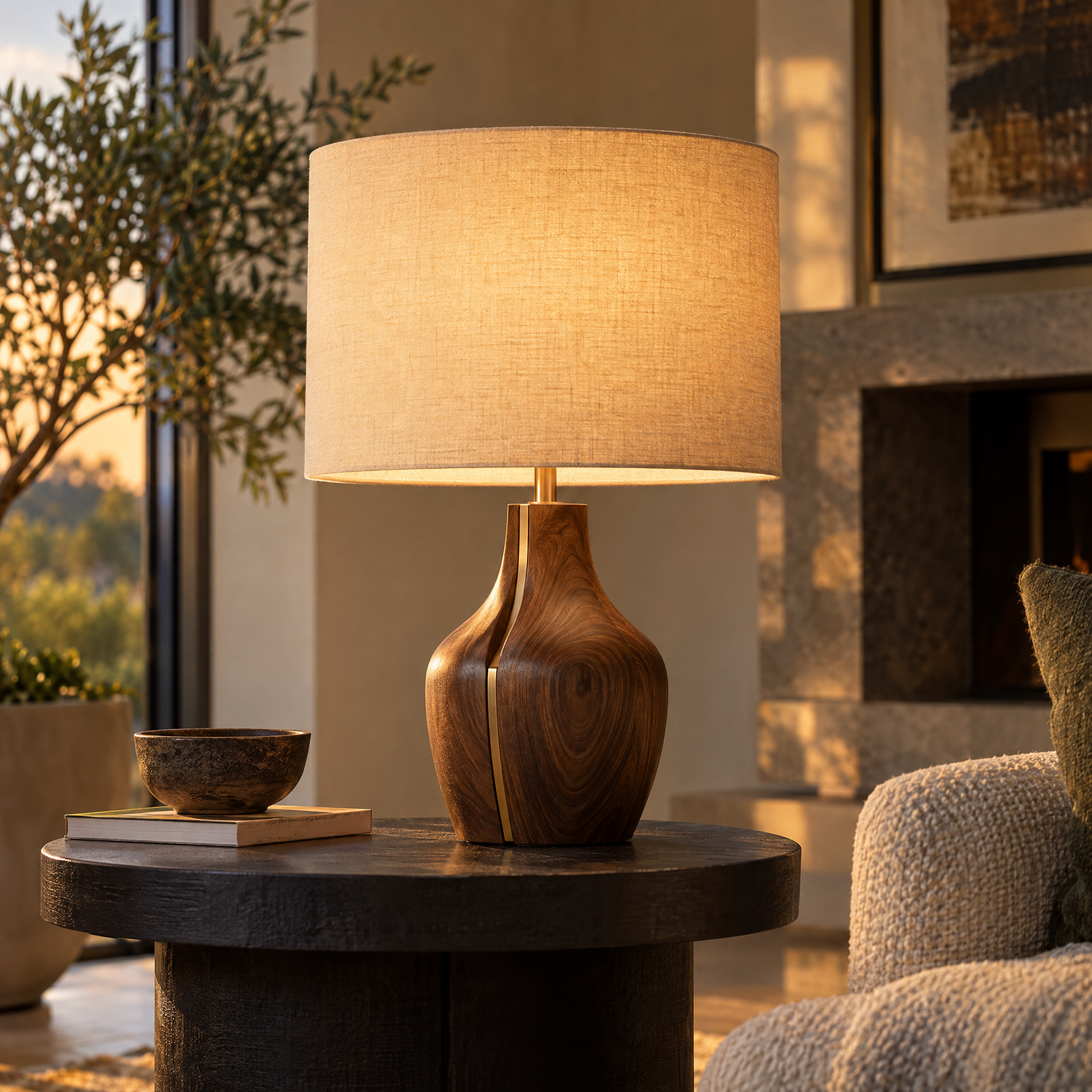 Sculptural handcrafted walnut table lamp